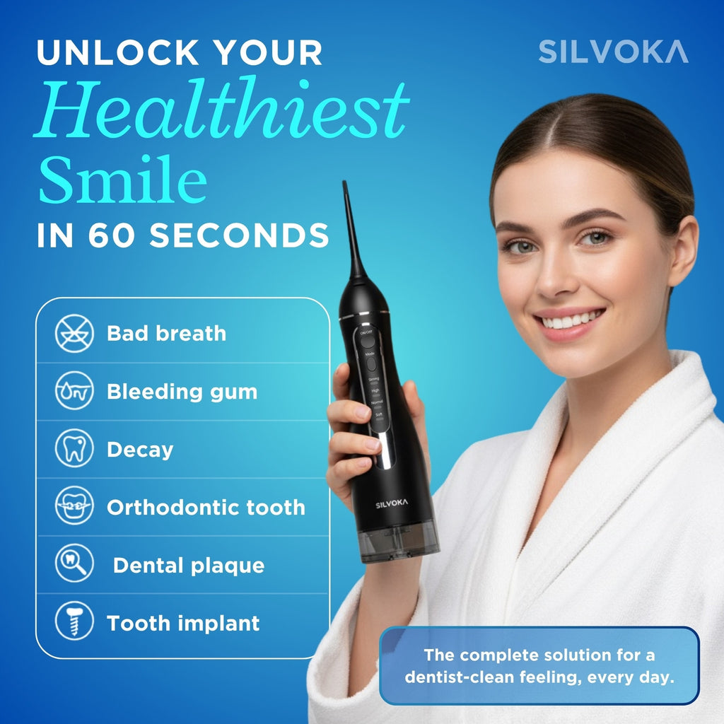 SILVOKA Water Flosser for Teeth, Cordless Oral Irrigator, Portable Dental Flosser with 300ML Tank, 4 Cleaning Modes, IPX7 Waterproof, Rechargeable Water Floss Pick for Braces, Gum Care & Travel