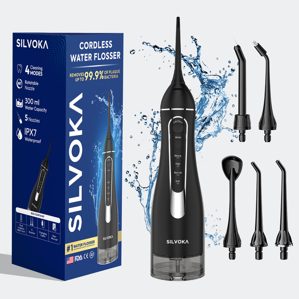 SILVOKA Water Flosser for Teeth, Cordless Oral Irrigator, Portable Dental Flosser with 300ML Tank, 4 Cleaning Modes, IPX7 Waterproof, Rechargeable Water Floss Pick for Braces, Gum Care & Travel