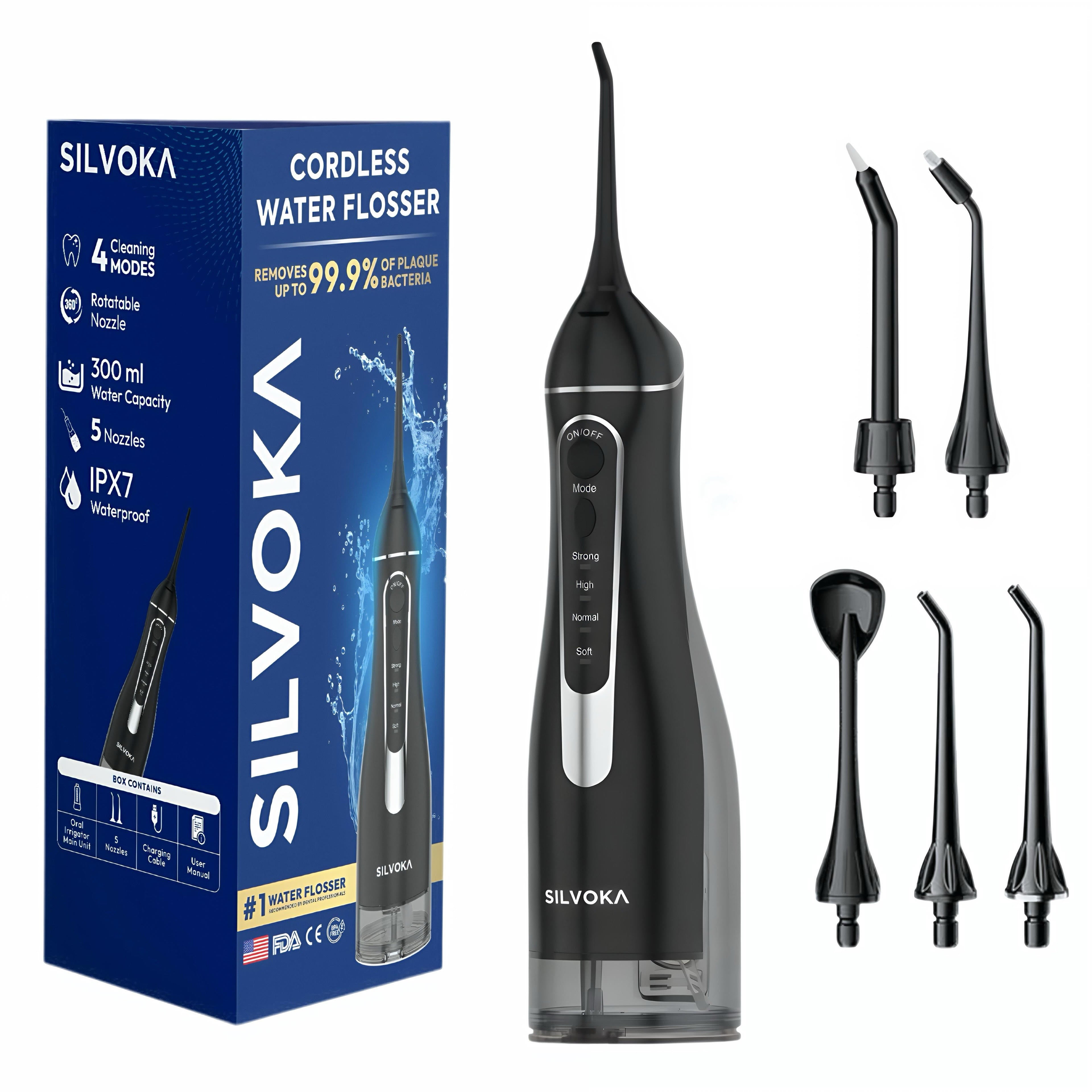 SILVOKA Water Flosser for Teeth, Cordless Oral Irrigator, Portable Dental Flosser with 300ML Tank, 4 Cleaning Modes, IPX7 Waterproof, Rechargeable Water Floss Pick for Braces, Gum Care & Travel